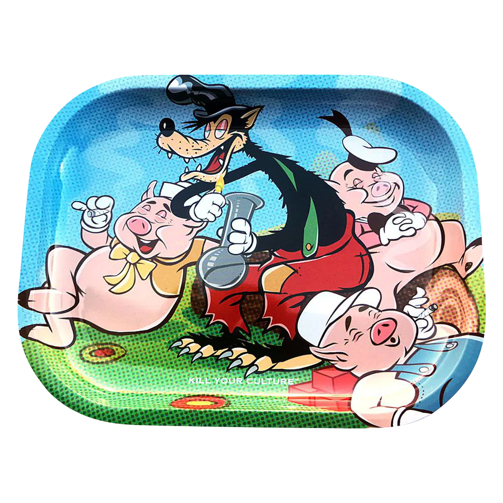 Kill Your Culture metal rolling tray with 3 Little 420 Pigs design, compact 7" x 5.5" size for easy portability