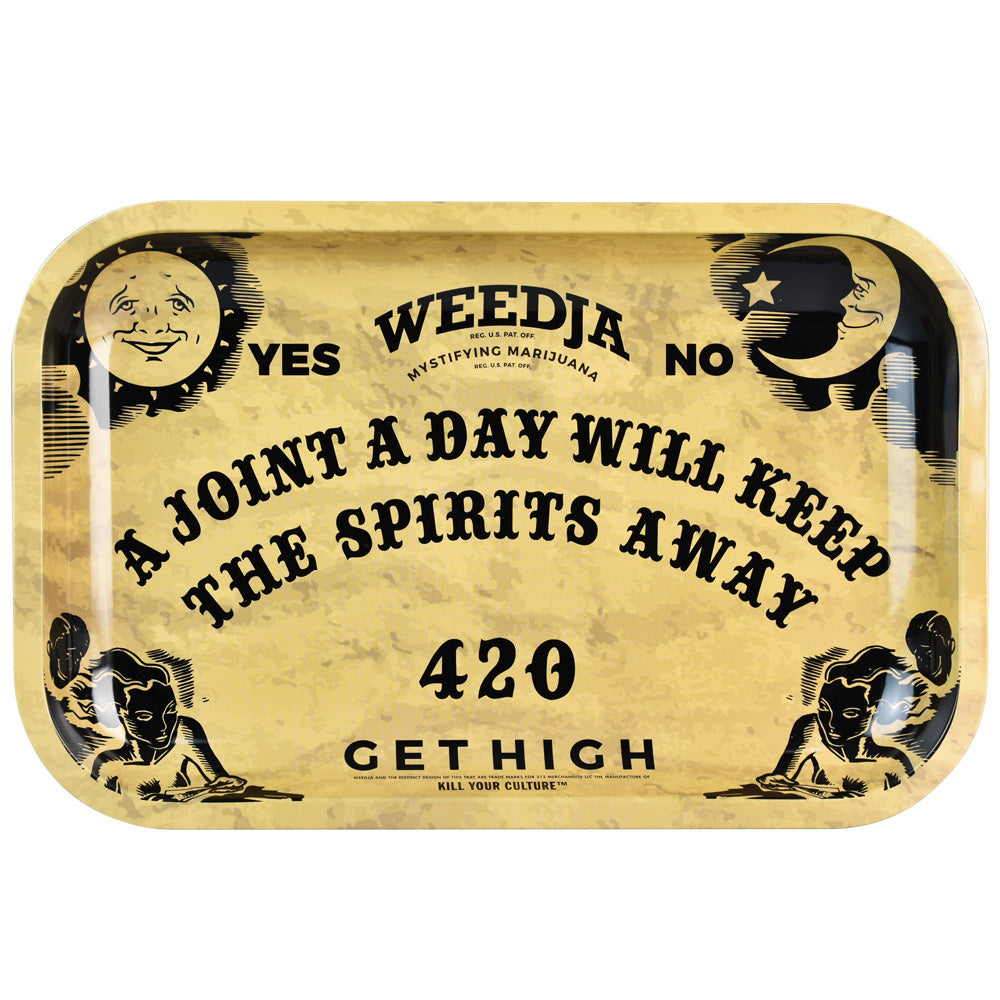Kill Your Culture Weedja Board Metal Rolling Tray with Ouija-inspired design, front view