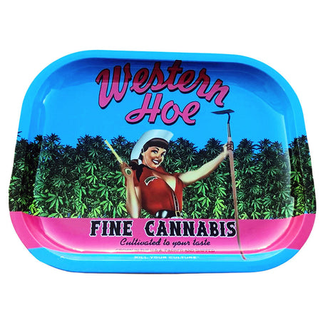 Kill Your Culture Rolling Tray - Western Hoe design, 7" x 5.5" compact metal tray for bongs, front view