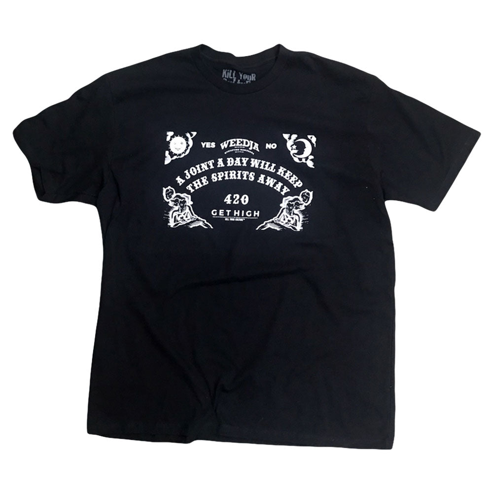 Kill Your Culture Weedja Board T-Shirt in black with white graphic print, front view on white background