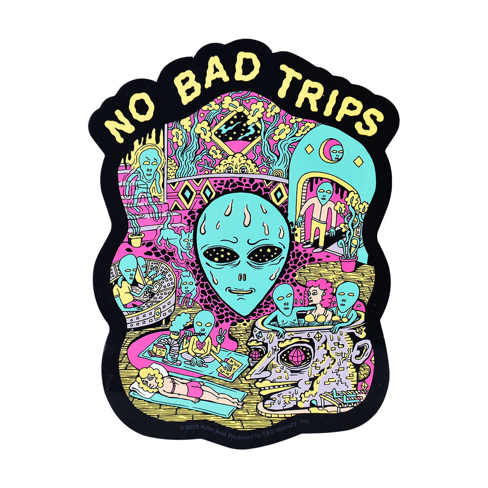 Killer Acid 'No Bad Trips' Die Cut Vinyl Sticker with vibrant psychedelic artwork, 3.75" x 5" size