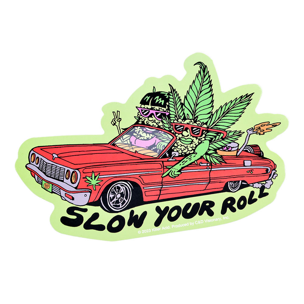 Killer Acid Die Cut Vinyl Sticker featuring cartoon characters in a car with 'Slow Your Roll' text