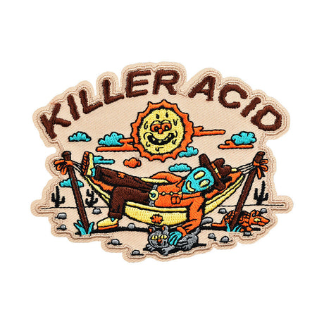 Killer Acid Alien Cowboy Embroidered Iron-On Patch, 3.75" x 3", vibrant colors on white background