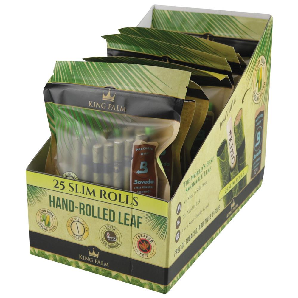 King Palm Slim Pre-Roll Wraps 15-Pack display box with natural leaf rolls for easy rolling