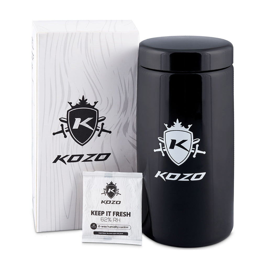 Kozo black UV glass storage jar in the 2 oz size with an airtight lid, front view on a plain white background