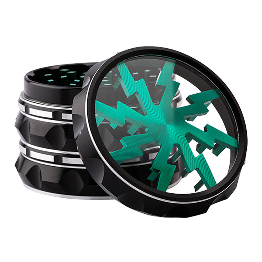 Kozo Lightning 2.5 inch grinder with a black body and green lightning design, clear window lid tilted open