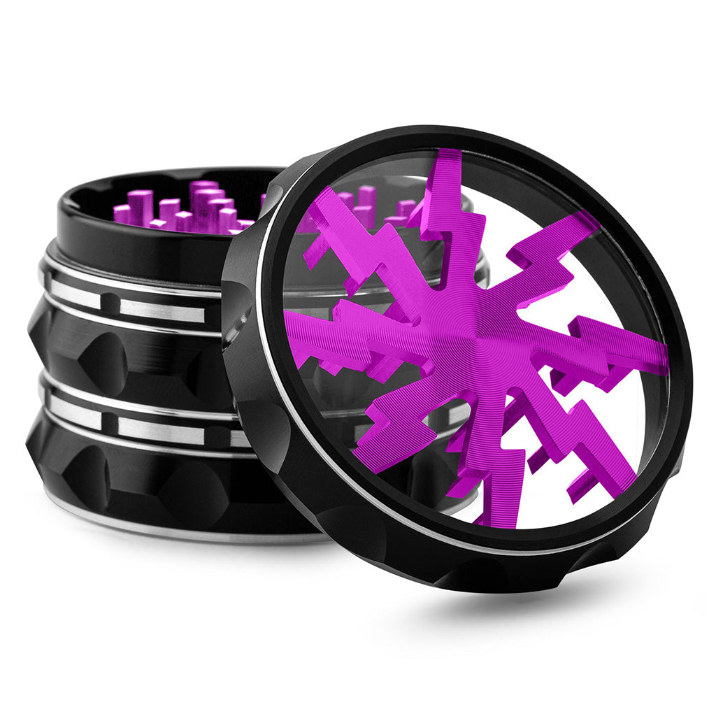Kozo Lightning 2.5 inch grinder with a black body and purple lightning design, clear window lid tilted open