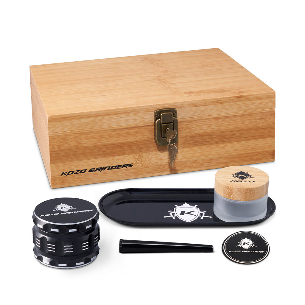 Kozo medium bamboo stash box set with lock, open to show the black tray, grinder and storage jar