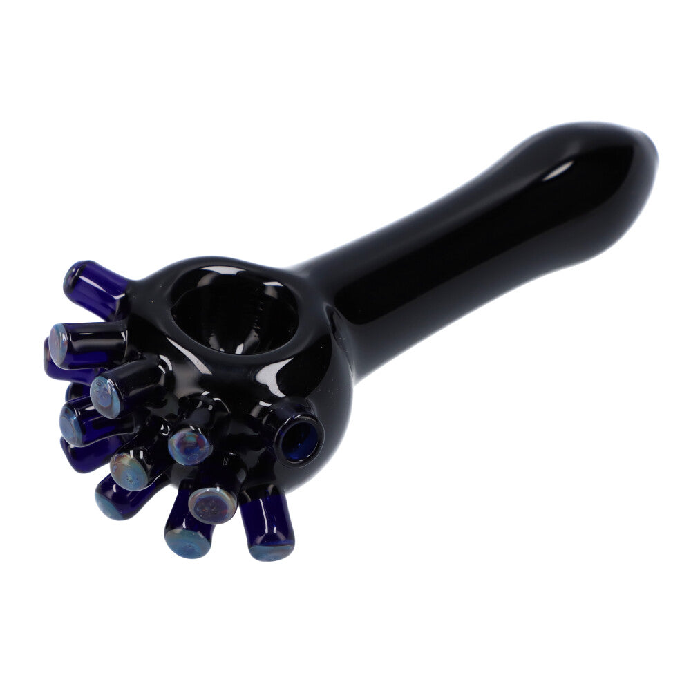 Kraken Spoon Pipe in Black with Teal Accents, Compact Borosilicate Glass, Angled Side View