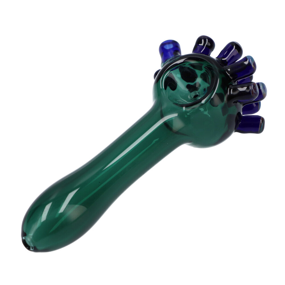 Kraken Spoon Pipe by Valiant Distribution, compact 3.5" borosilicate glass, black, pink, teal colors, top view