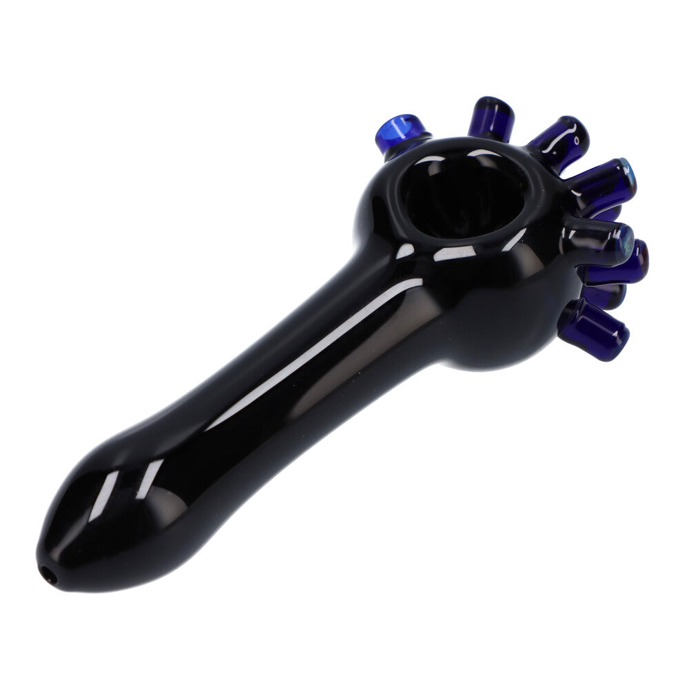 Kraken Spoon Pipe by Valiant Distribution, compact 3.5" borosilicate glass, black with teal accents, top view