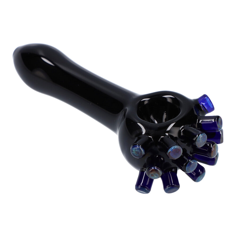 Kraken Spoon Pipe by Valiant Distribution, compact 3.5" black glass with teal accents, for dry herbs