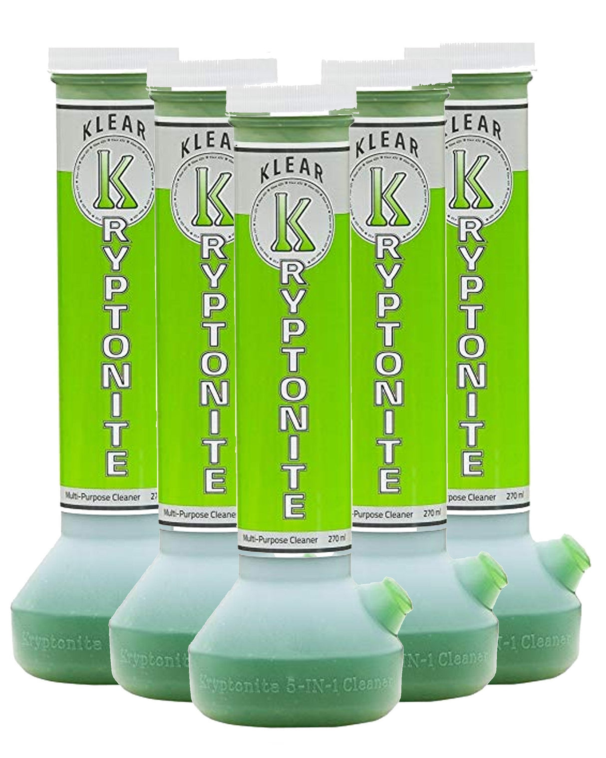 5-pack Klear Kryptonite Cleaner bottles in a front view on a white background, ideal for cleaning supplies.