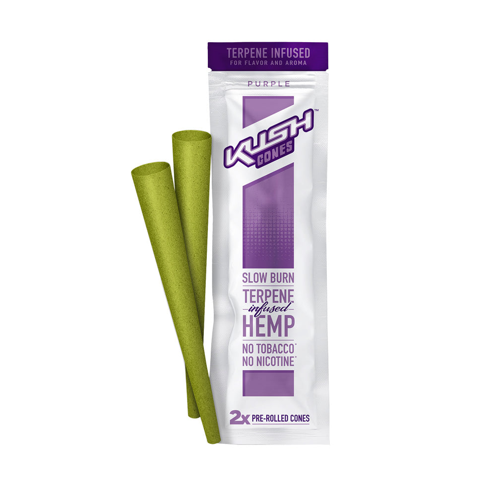 Kush Cones Terpene Infused Hemp Cones 12 Pack in Purple flavor displayed with 2 pre-rolled cones