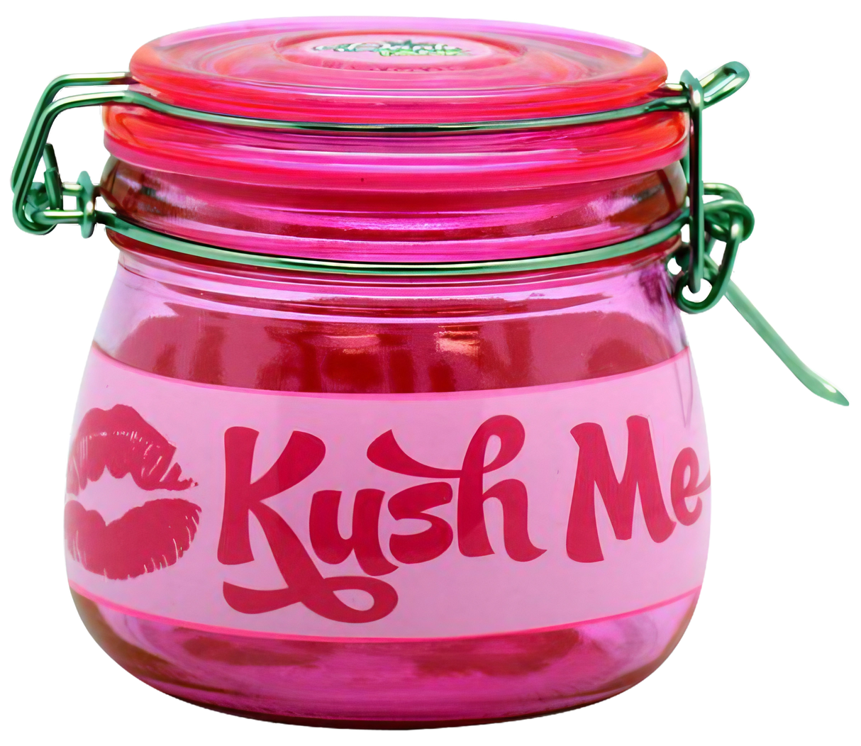 Pink Kush Me borosilicate glass jar with silicone seal for dry herbs, front view