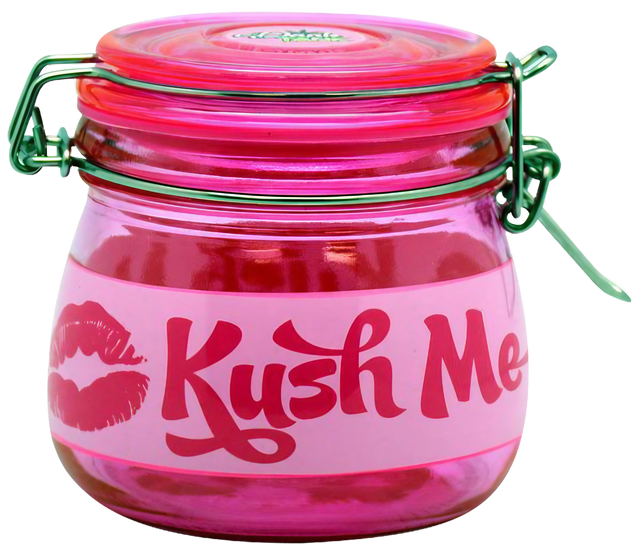 Pink Kush Me borosilicate glass jar with silicone seal for dry herbs, front view
