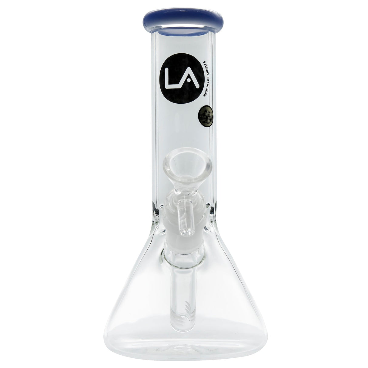 LA Pipes 8" Beaker Bong in Clear with Blue Accents, Borosilicate Glass - Front View