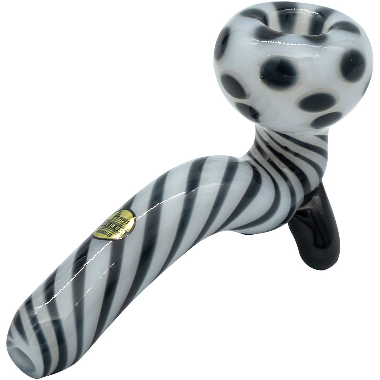LA Pipes Bone White Sherlock Glass Pipe with Striped Design, Angled Side View