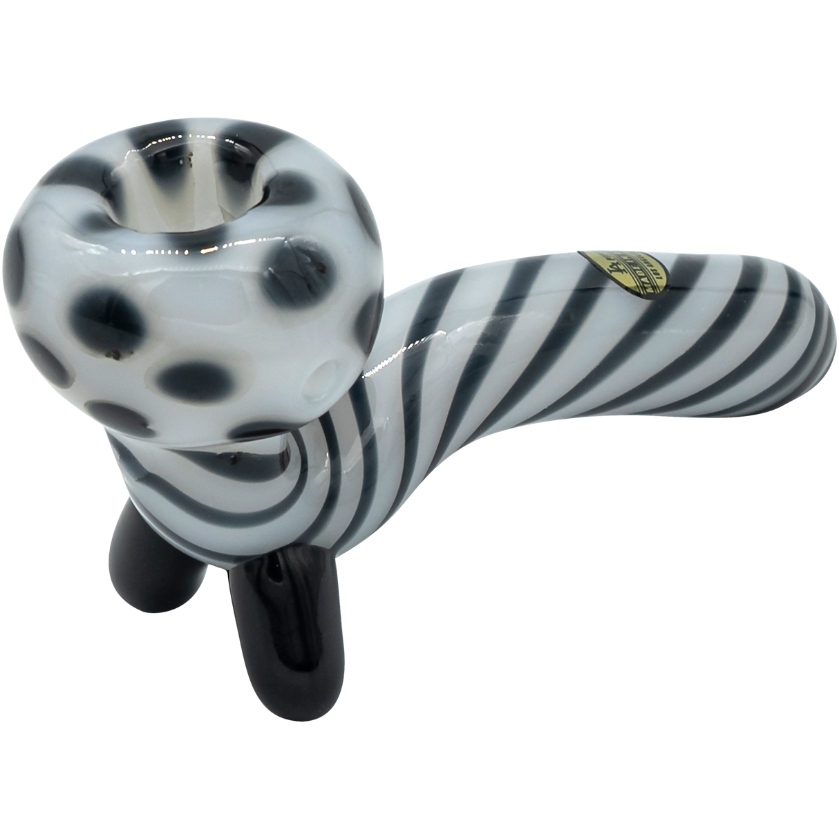 LA Pipes Bone White Sitting Sherlock Glass Pipe with Striped Design, Side View