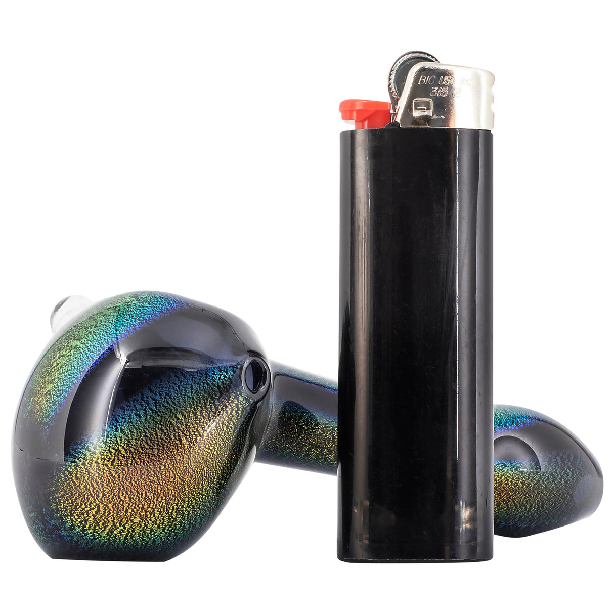 LA Pipes Dichroic Glass Hand-Pipe in Galaxy Design, 4" Spoon, Durable Borosilicate, with Lighter, Side View