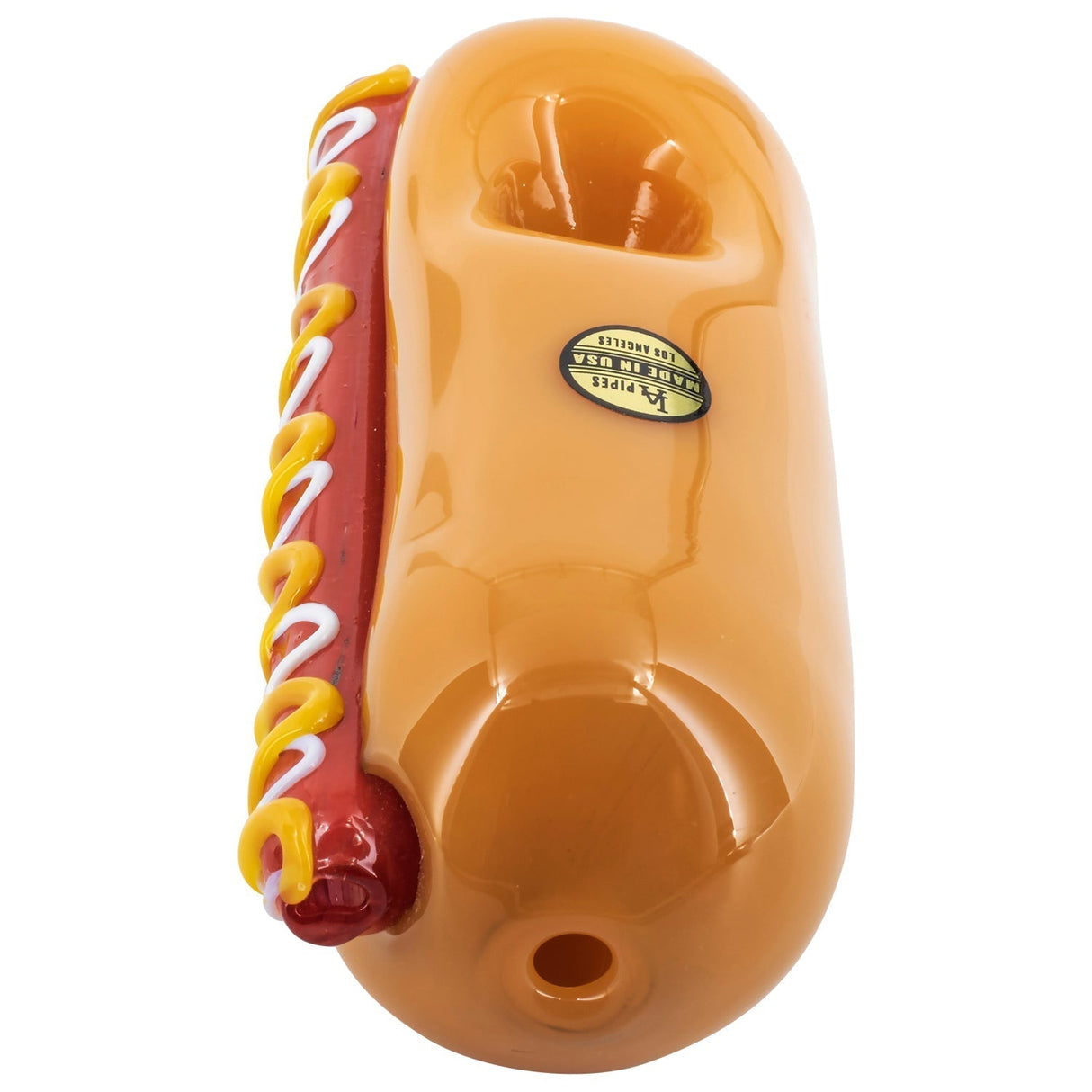 LA Pipes Hot Doggy Dog Hand Pipe, Borosilicate Glass, Top View on White Background
