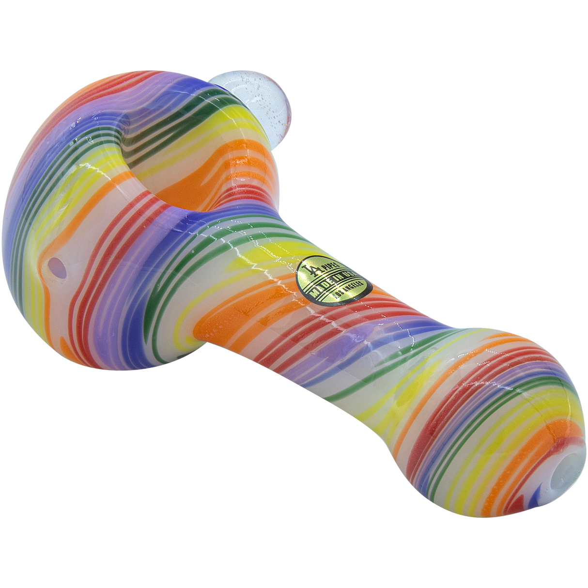 LA Pipes handcrafted 4.5" rainbow spirals glass pipe for dry herbs, made in USA, on white background