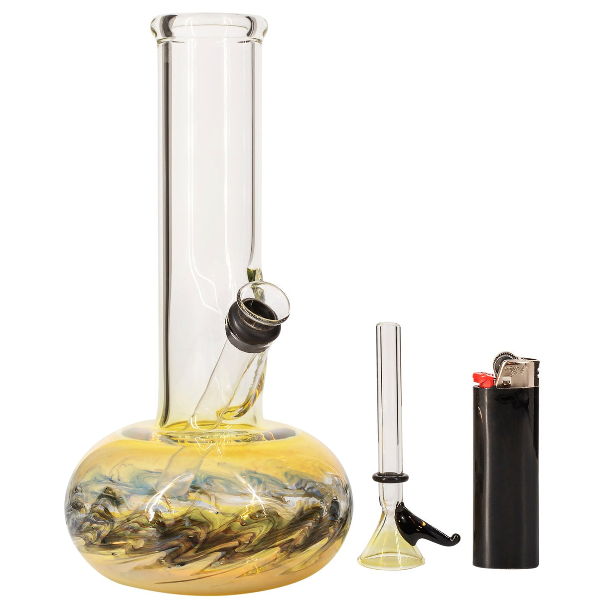 LA Pipes Raked Bubble Bong with Fumed Base, 14mm Grommet Joint, and Borosilicate Glass, next to a lighter