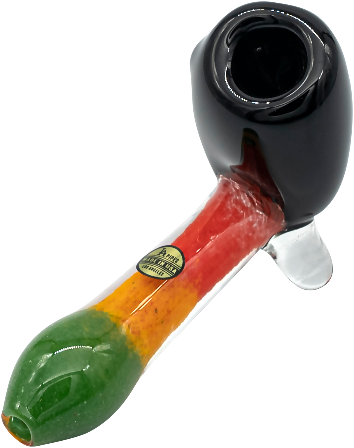 LA Pipes "Sattdown Rasta" Sherlock Glass Pipe with colorful rasta design, 4.5" length, side view