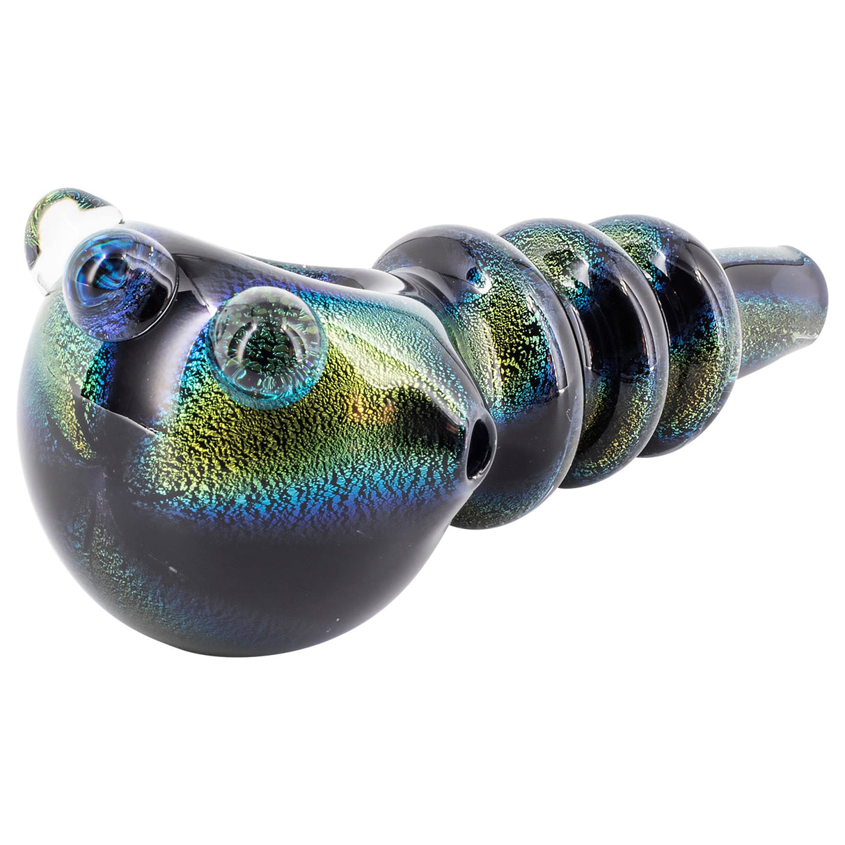 LA Pipes Blue Dichroic Glass Spoon Pipe with Maria Rings, 4" Length, Angled Side View