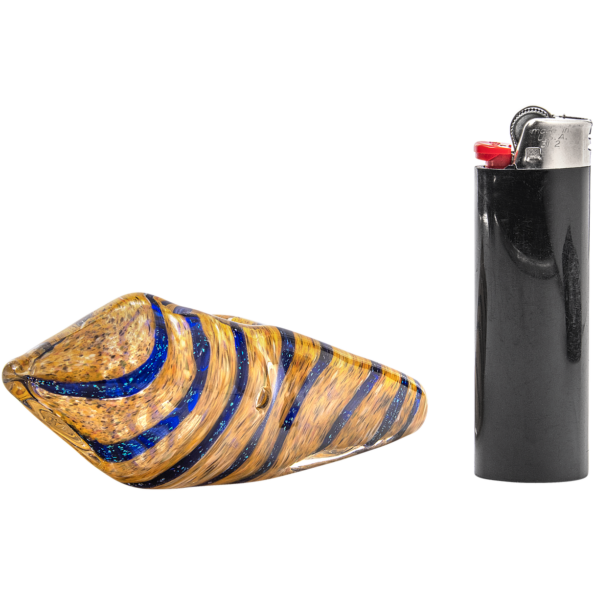 LA Pipes Sparkle Gem Stone Glass Pipe for Dry Herbs, Side View with Lighter, USA Made