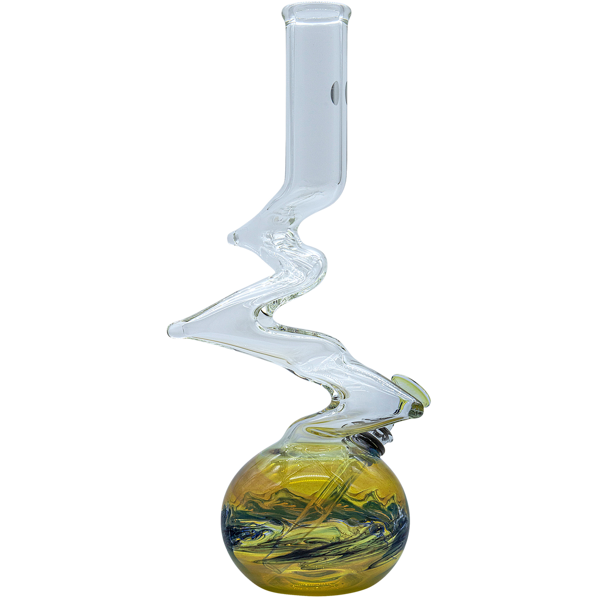 LA Pipes "Switchback" Bubble Base Bong featuring a zigzag neck and clear borosilicate glass, side view.