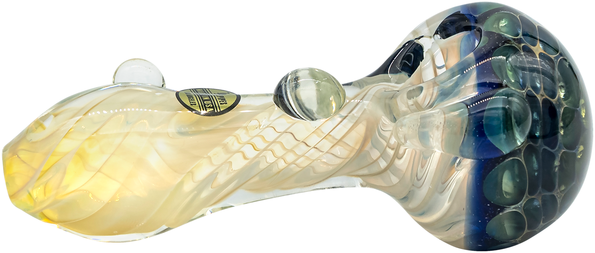 LA Pipes "The Hive" honeycomb design glass pipe with color changing fumed glass, side view