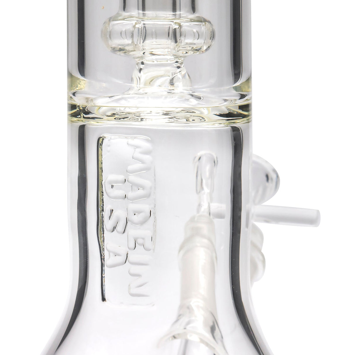 Close-up of LA Pipes Beaker Bong with Showerhead Perc, 45 Degree Joint, and Clear Borosilicate Glass