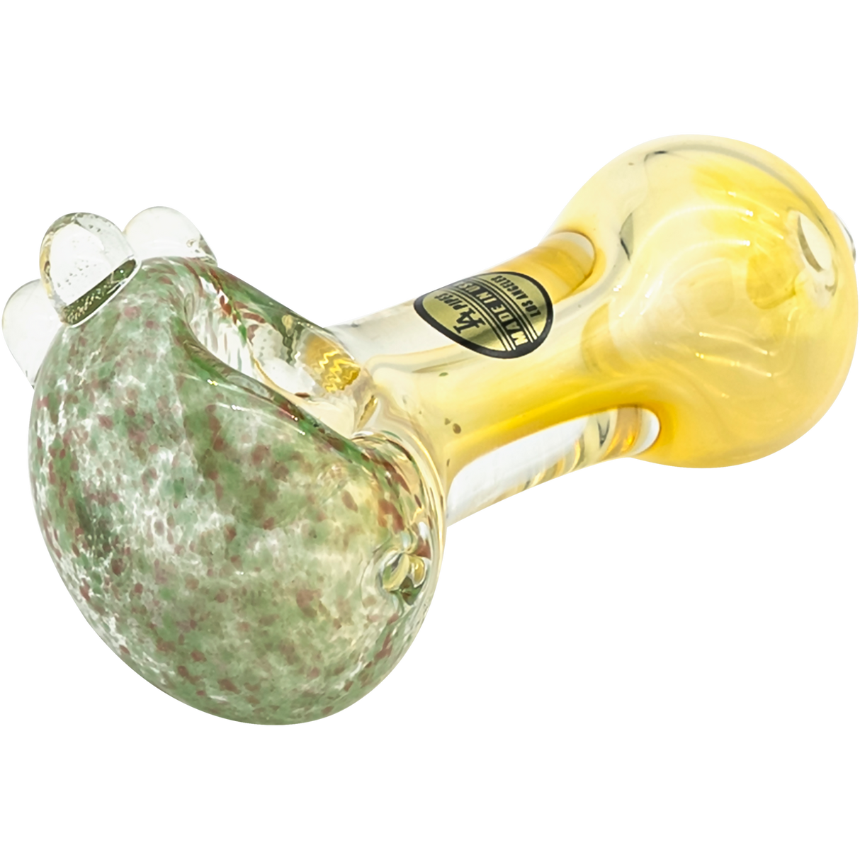 LA Pipes "Thick Neck Freckles" Spoon Pipe, heavy wall borosilicate glass, color changing, side view