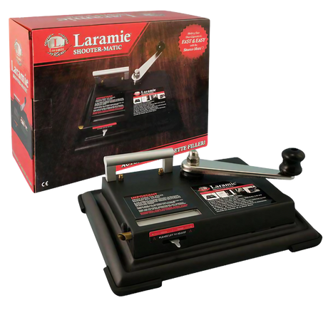 Laramie Shootermatic Manual Cigarette Injector Machine for King Size, side view with box