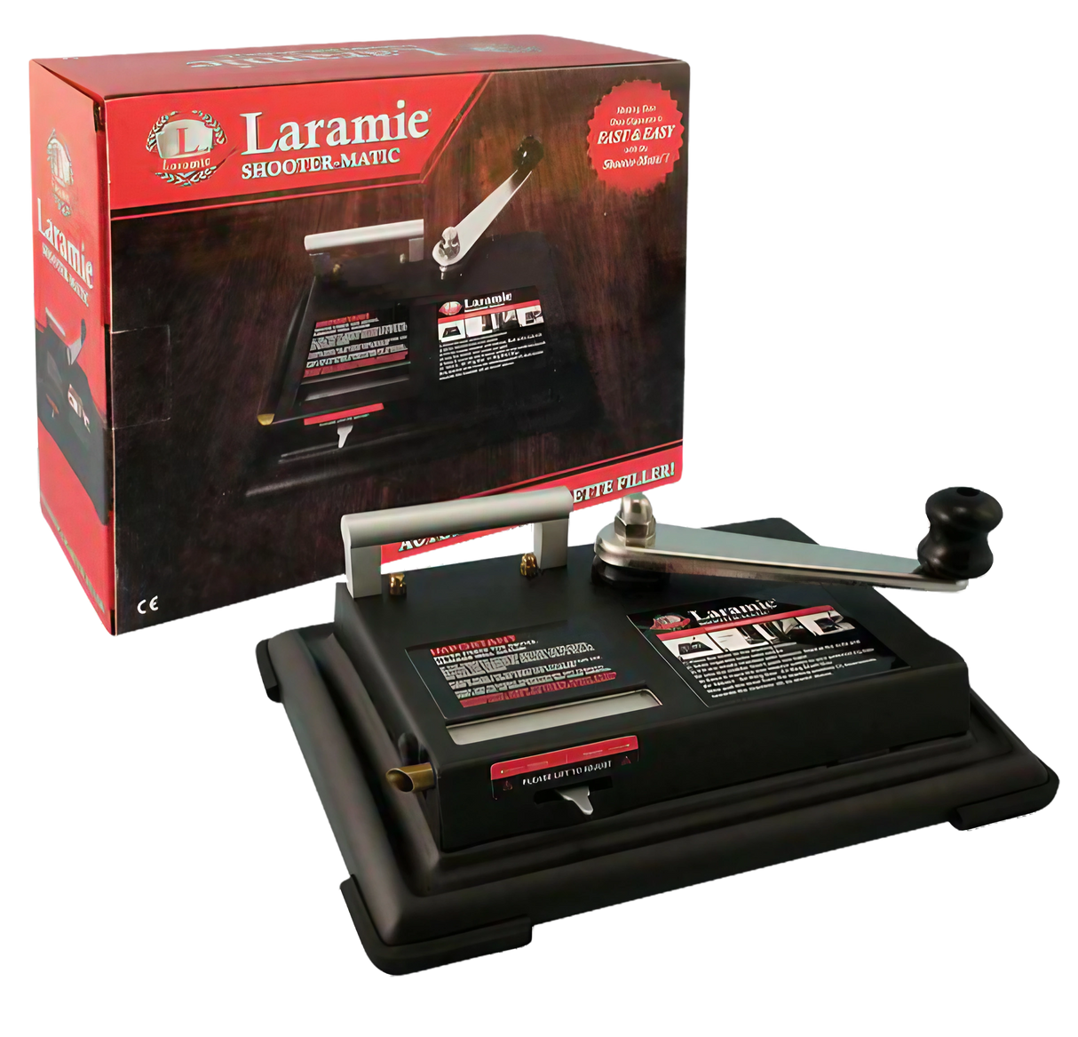 Laramie Shootermatic Manual Cigarette Injector Machine for King Size, side view with box