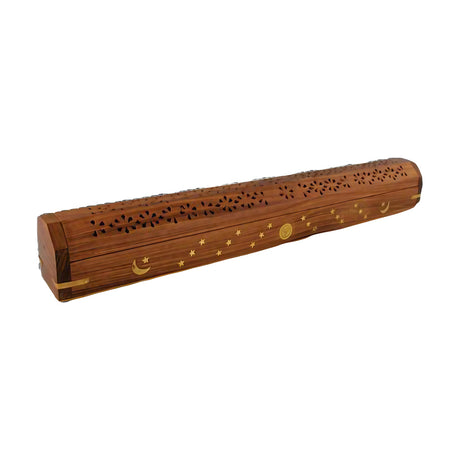 Large Wooden Coffin Incense Burner with Intricate Carvings and Celestial Motifs - Side View