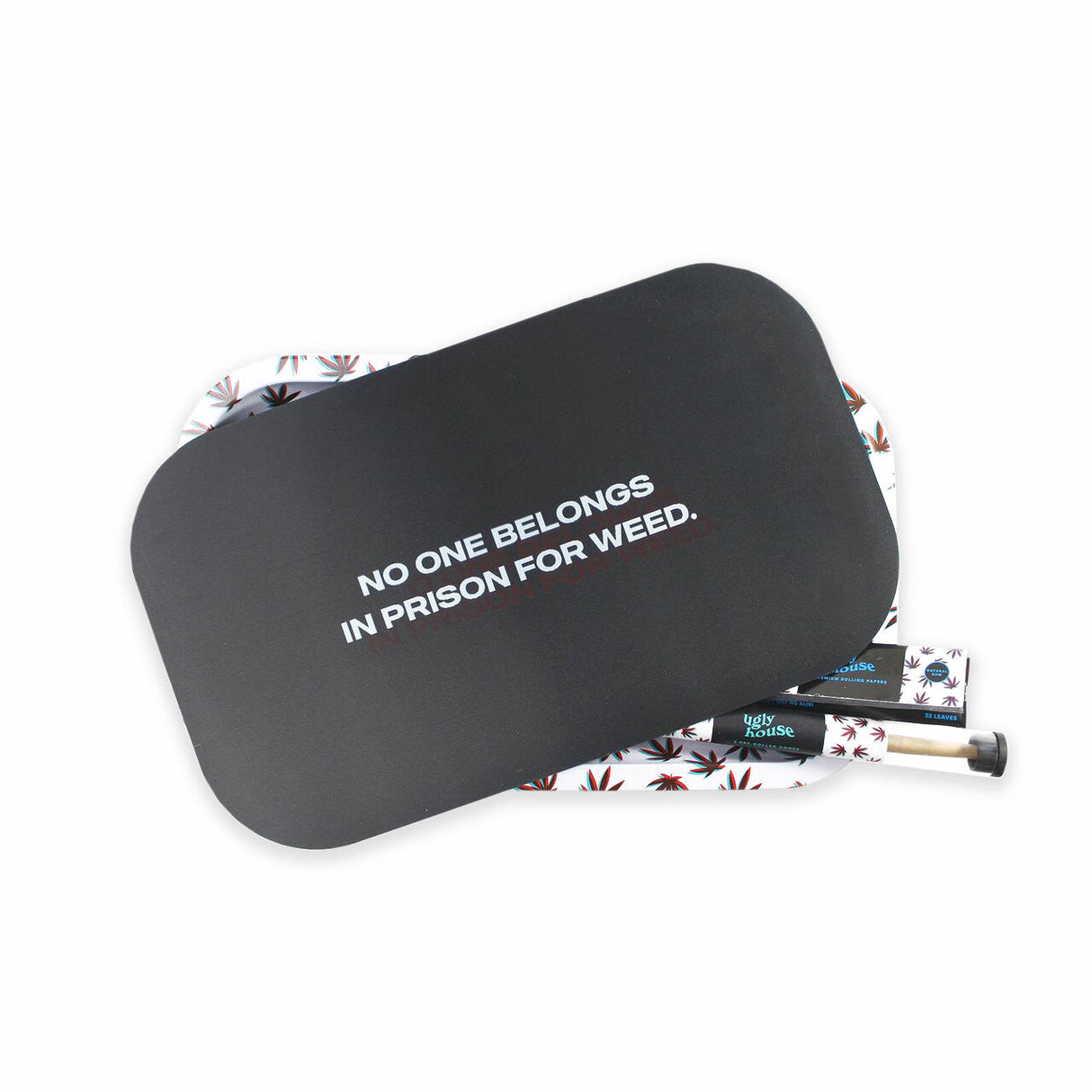 Large Ugly House Holographic Rolling Tray with Lid, Cones, Papers, Top View