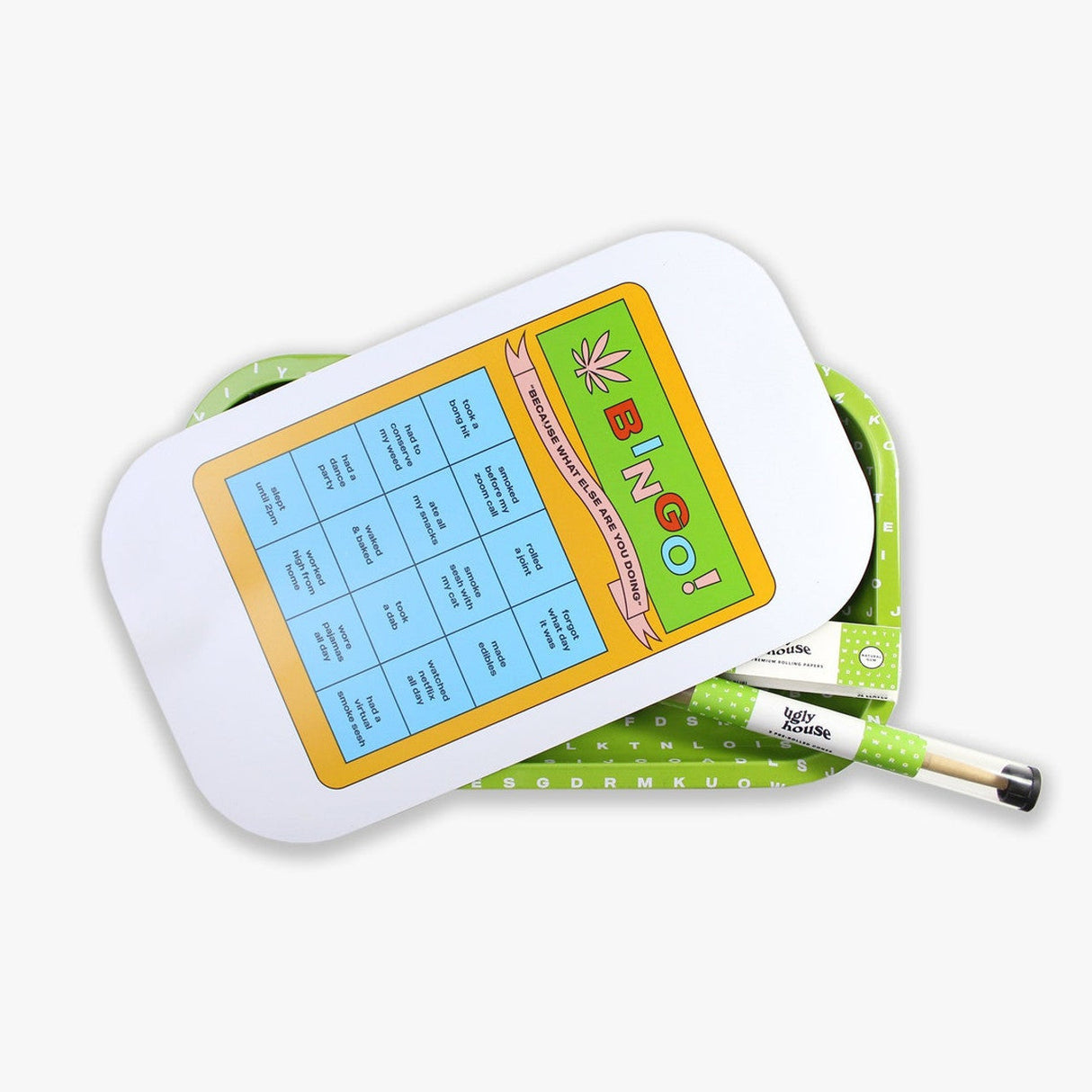 Ugly House Large Rolling Tray with Bingo Design, Lid, Cones, Papers on White Background