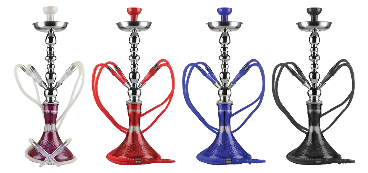 Assorted colors Large Vase 4-Hose Hookahs, front view on seamless white background