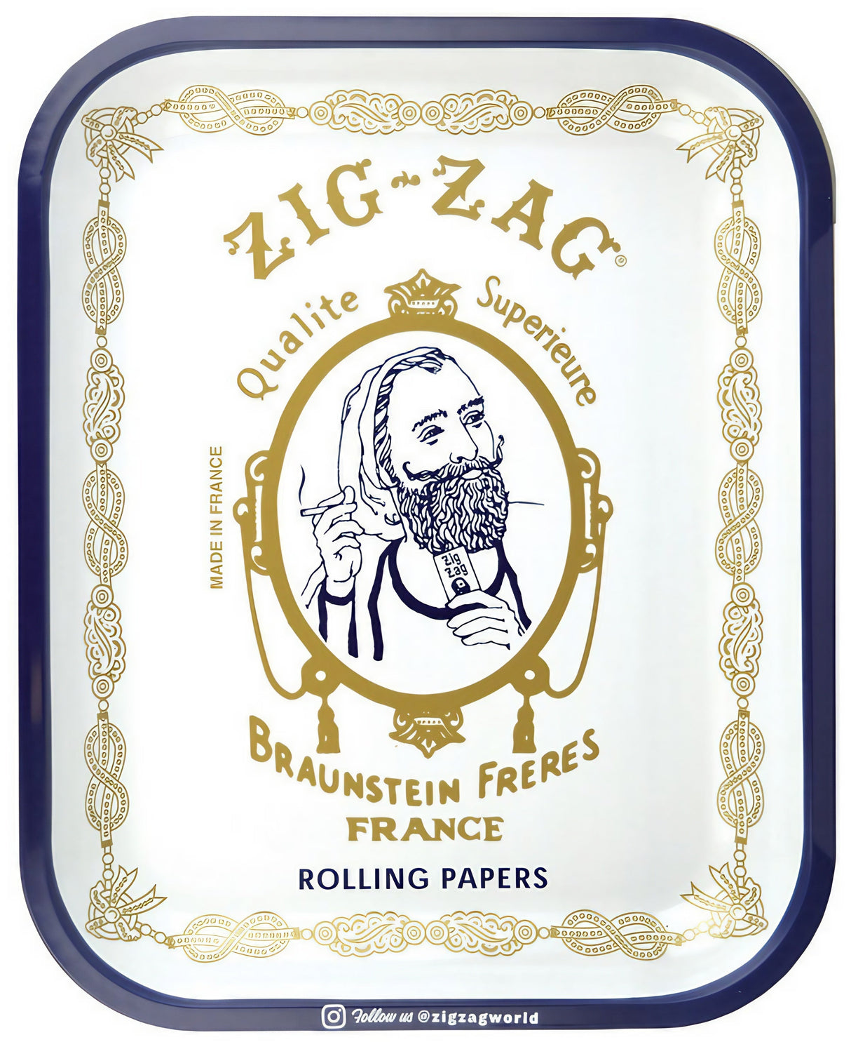 Zig Zag Original Large Rolling Tray with Iconic Logo, Durable Steel, Blue and Gold Design