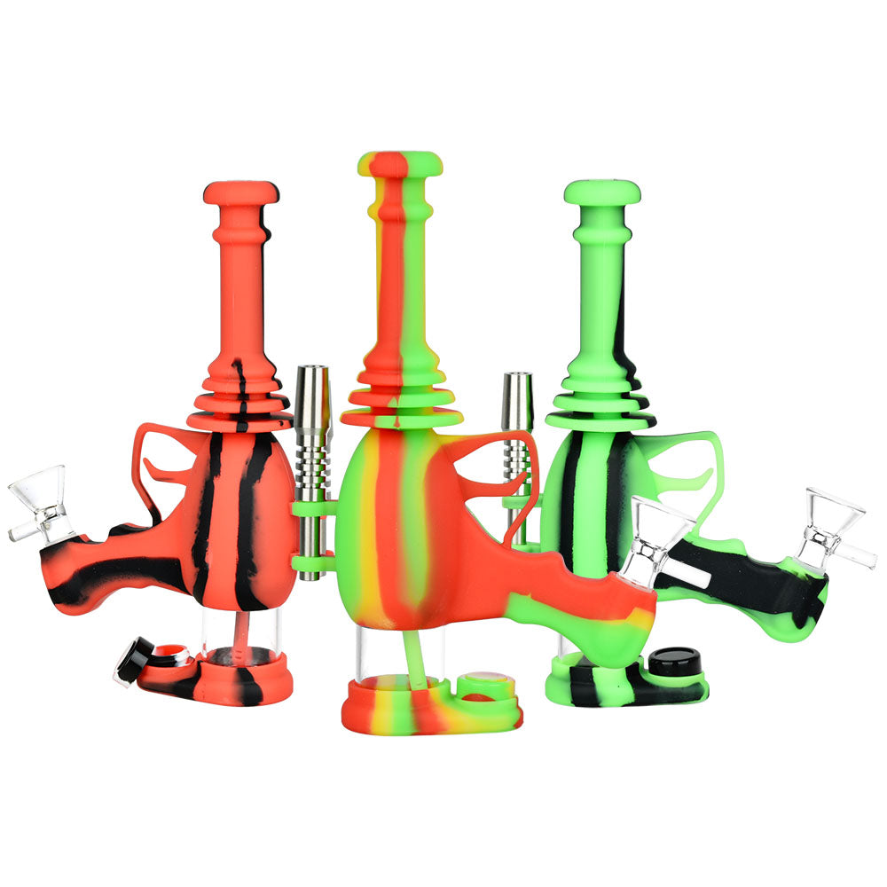 Colorful Laser Gun Silicone Water Pipes for Dry Herbs & Concentrates, 8.5" Tall, Front View