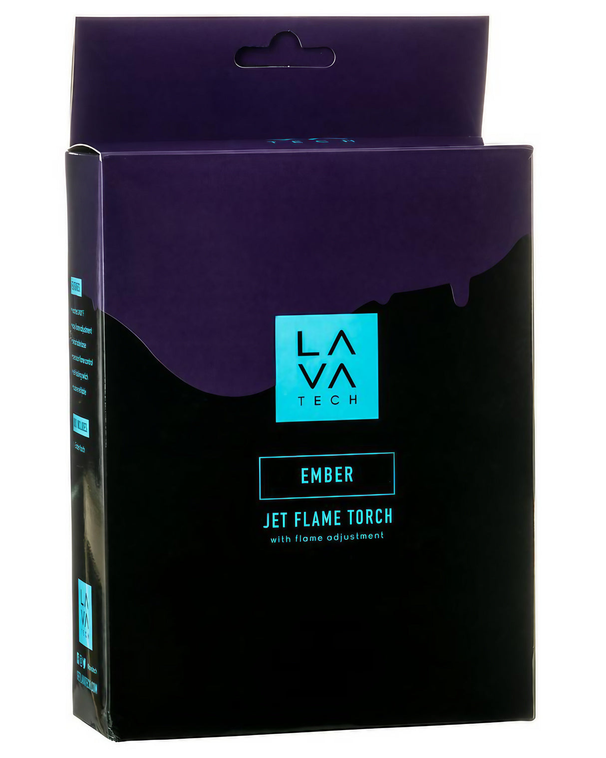 LavaTech "Ember" black jet flame torch packaging, front view, for dab rigs and concentrates