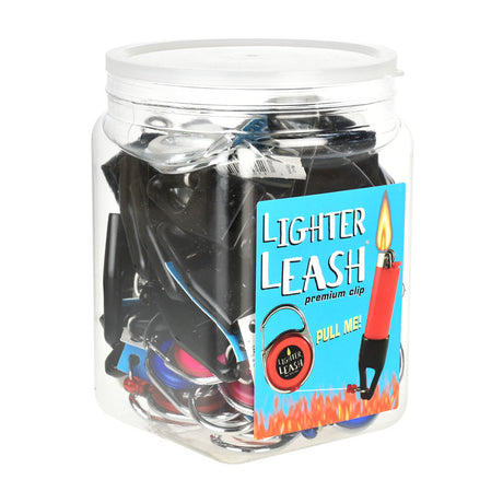 30-pack Lighter Leashes with mini carabiners in a clear jar, ideal for dab rig accessory organization