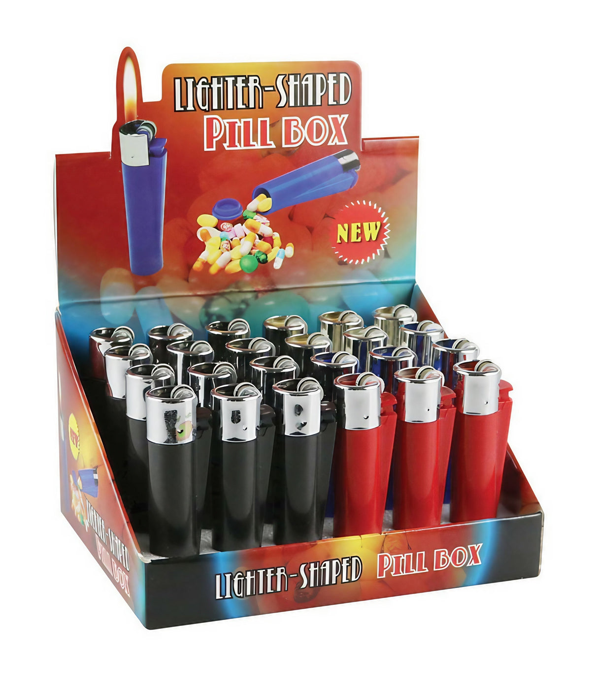 24-pack lighter-shaped silicone pill boxes in red and black, compact and portable, front view