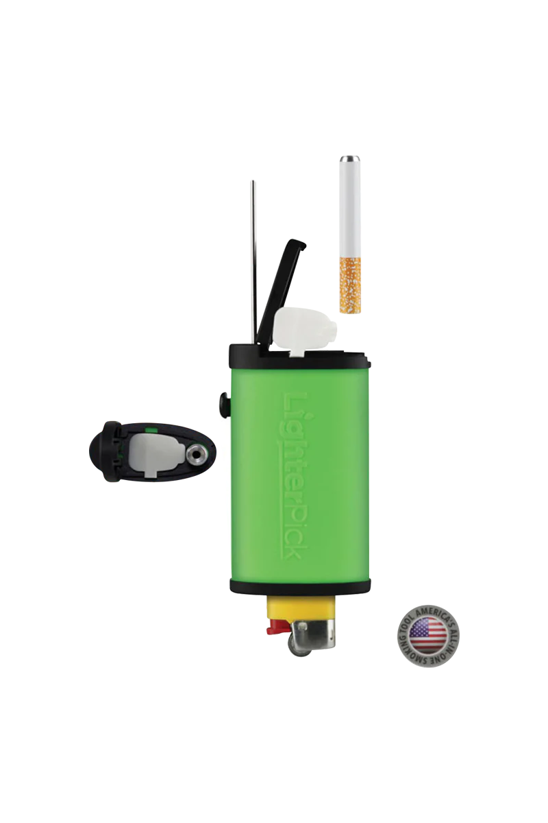LighterPick All-In-One Waterproof Dugout, green, compact design with one-hitter and lighter, front view