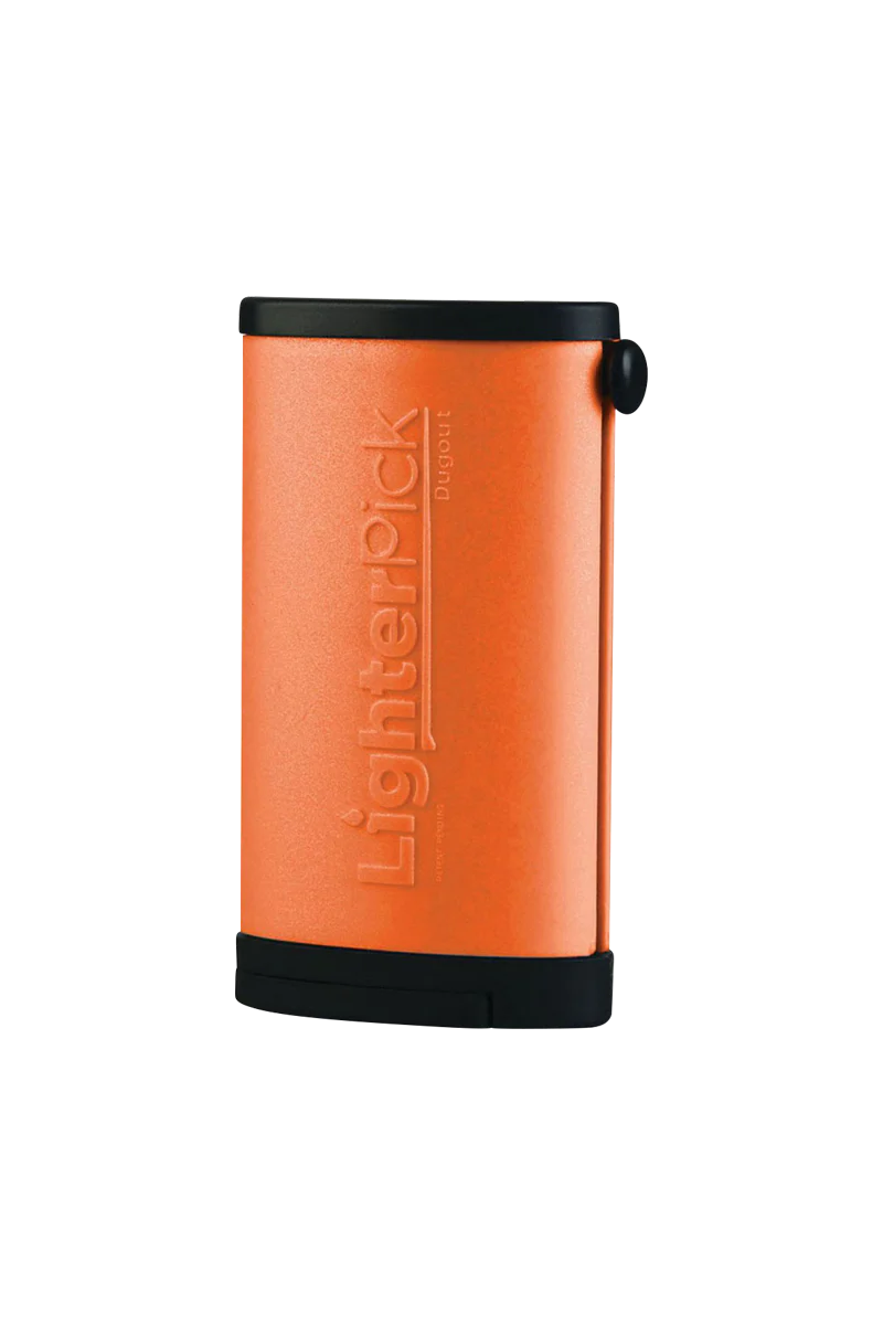 Orange LighterPick Waterproof Smoking Dugout, compact and portable design, front view on white background