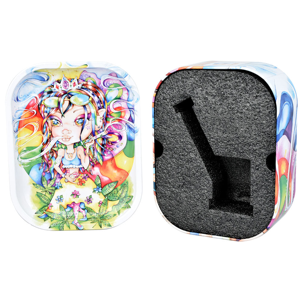 Linda Biggs 4.25" Bubbler with Tray Travel Tin, Artistic Design, Front and Inside View