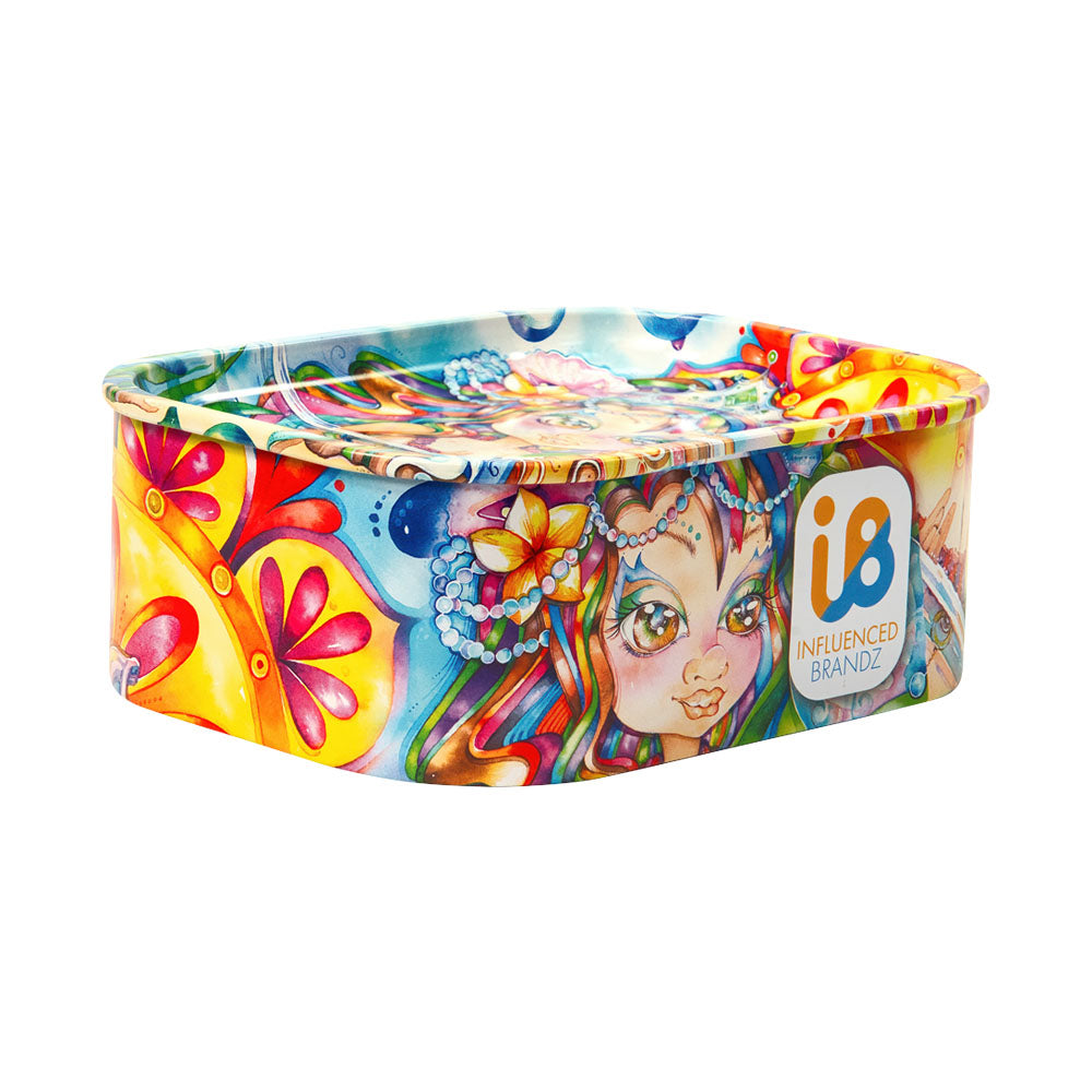 Linda Biggs colorful steamroller pipe and tray travel tin by Influenced Brandz, front view