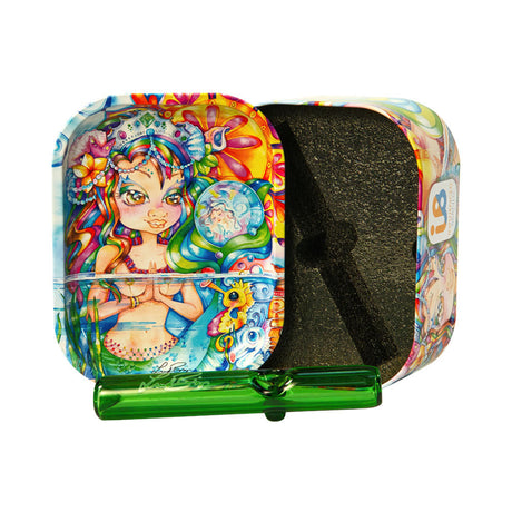 Linda Biggs Steamroller Pipe with colorful artwork, side view, displayed with matching tray travel tin